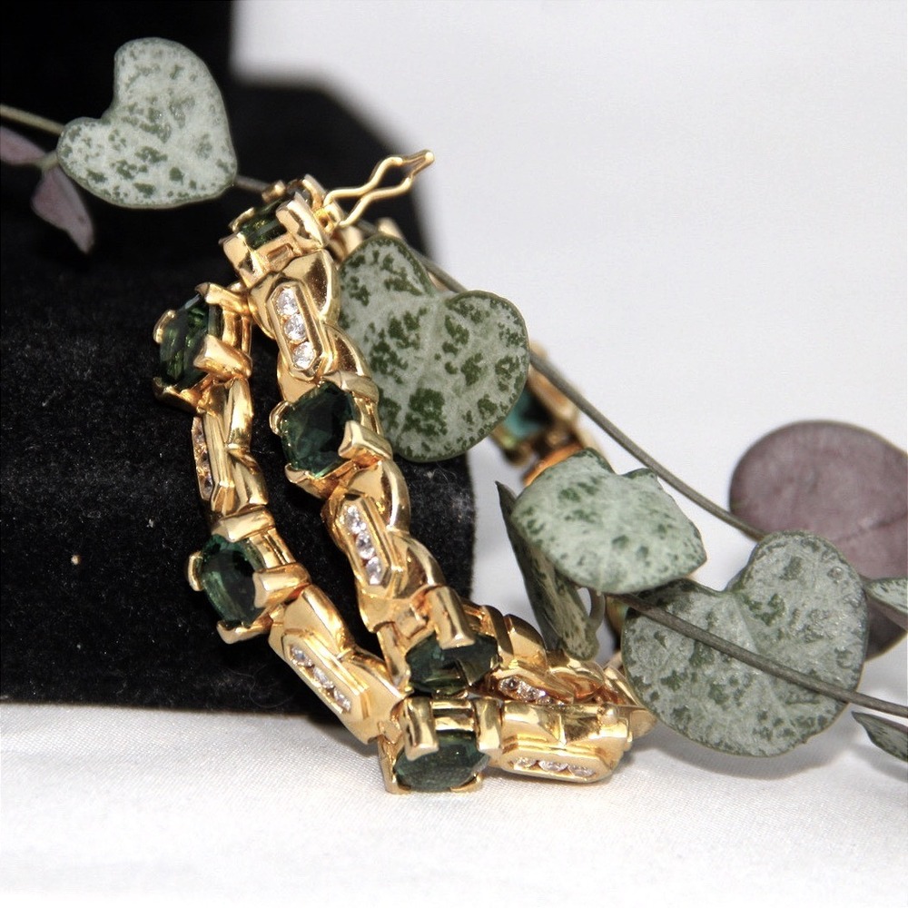 14k Gold Over Sterling Silver Green Gemstone Tennis Bracelet 7.5 Inch 925